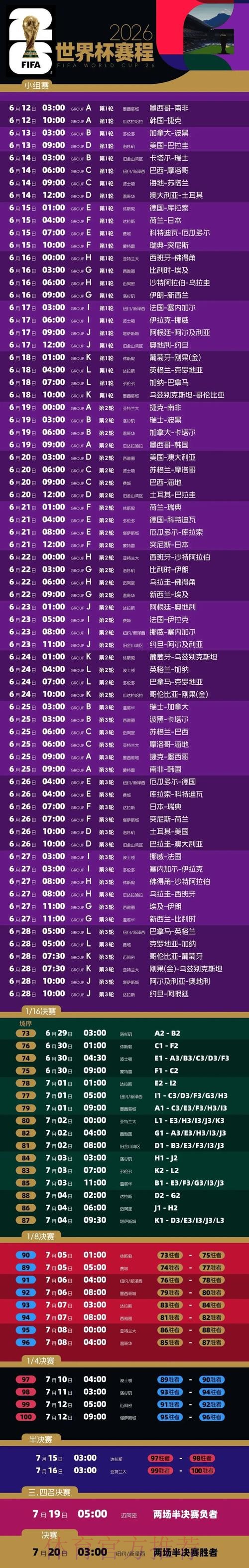 2026世界杯每日赛程官方发布比赛时间表免费观看 2026世界杯每日赛程官方发布比赛时间表免费观看